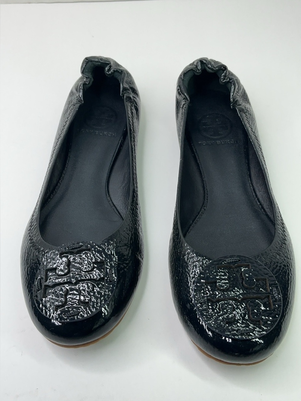 Tory Burch Black Patent Leather Minnie Travel Ballet Flats